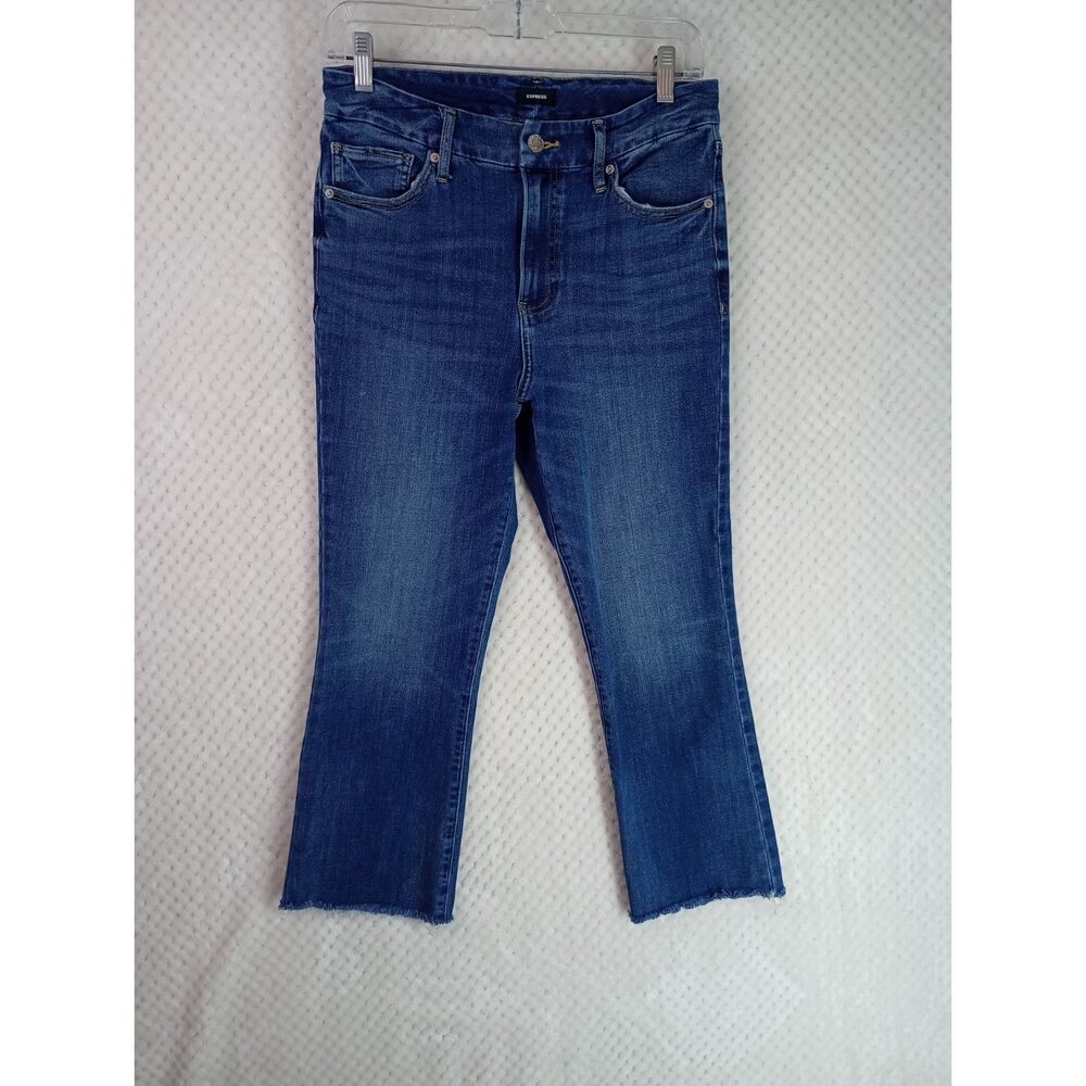 Express Cropped Flare High Rise Flexx Hyper Stretch Women's Medium Dark Wash